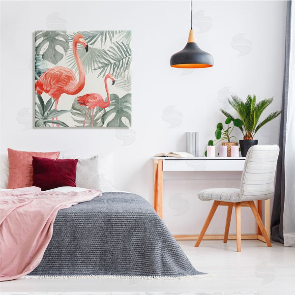 Stupell Industries Carson Lyons | Tropical Flamingo Family Pink Birds Monstera Palm Leaves Wall Art