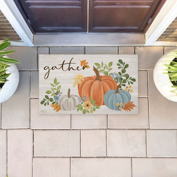 Stupell Industries Cat Thurman Designs | Gather Welcome Autumn Pumpkins Non-Woven Door Mat