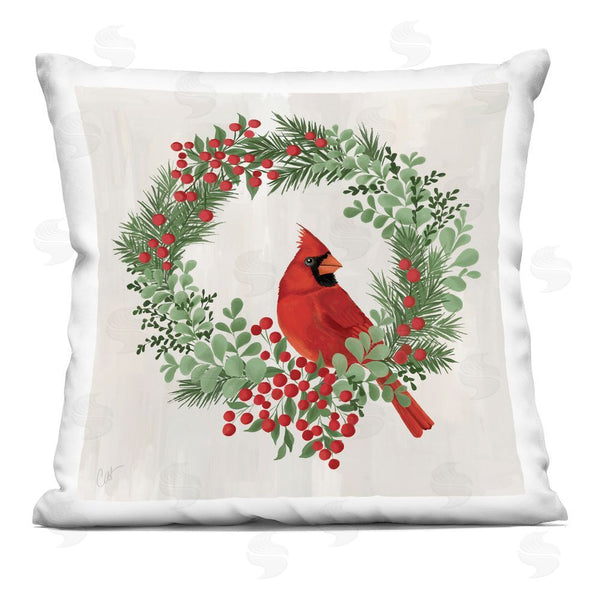 stupell industries Cat Thurman Designs | Perched Cardinal Festive Wreath Printed Throw Pillow