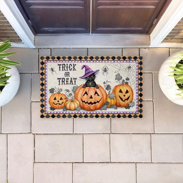 Stupell Industries Chad Barrett | Vintage Halloween Cat & Pumpkins Non-Woven Door Mat