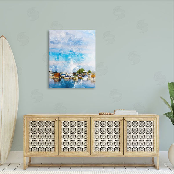 Stupell Industries Chamira Young | Summer Boats Docked Port Harbor Cloudy Blue Sky Wall Art