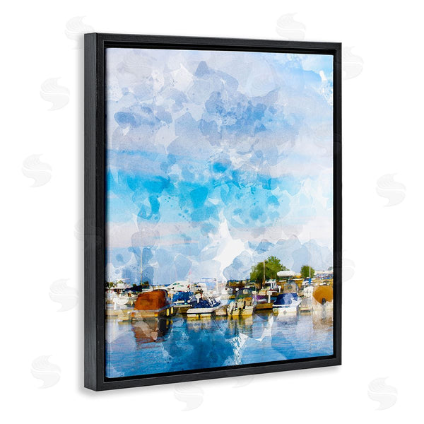 Stupell Industries Chamira Young | Summer Boats Docked Port Harbor Cloudy Blue Sky Wall Art