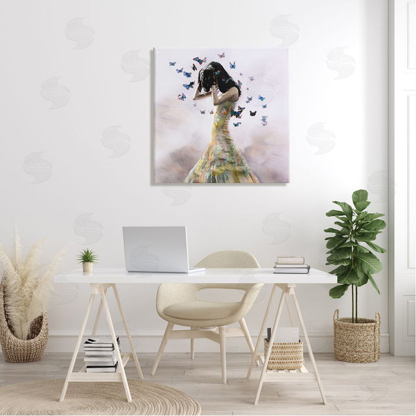 Stupell Industries Christopher Cuseo | Ethereal Woman Yellow Gown Flying Blue Butterflies Wall Art