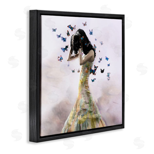 Stupell Industries Christopher Cuseo | Ethereal Woman Yellow Gown Flying Blue Butterflies Wall Art