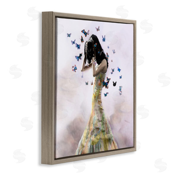 Stupell Industries Christopher Cuseo | Ethereal Woman Yellow Gown Flying Blue Butterflies Wall Art