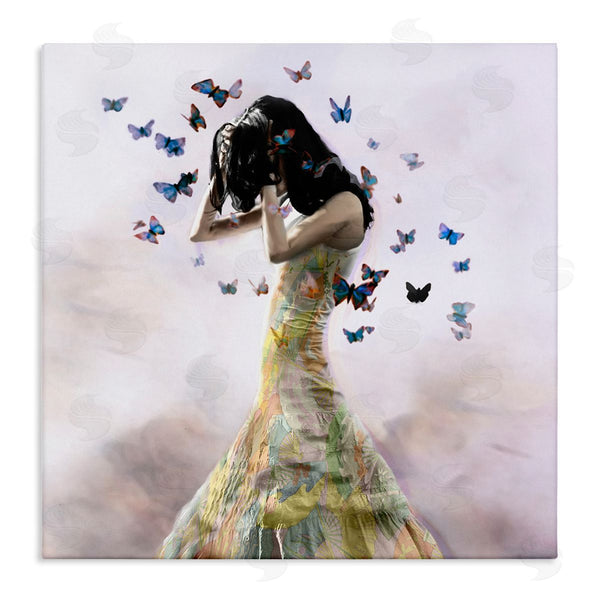 stupell industries Christopher Cuseo | Ethereal Woman Yellow Gown Flying Blue Butterflies Wall Art
