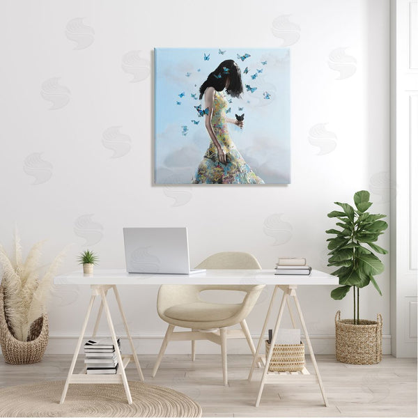 Stupell Industries Christopher Cuseo | Peaceful Blue Butterflies Fluttering Woman Gown Dress Wall Art