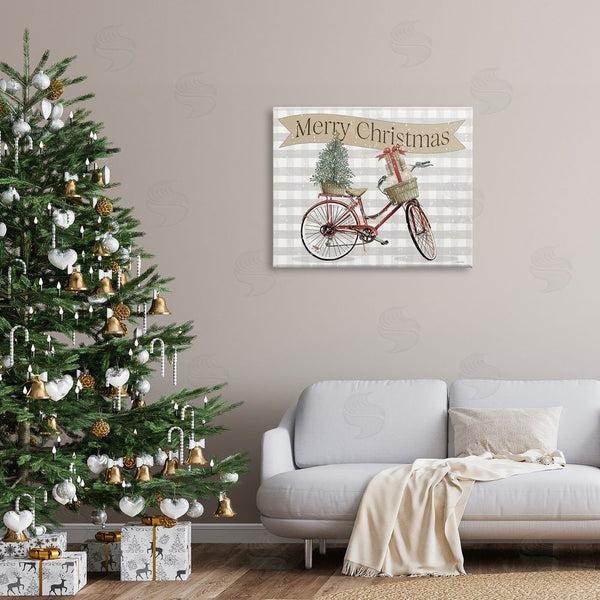 Stupell Industries Cindy Jacobs | Christmas Banner Beige Gingham Bicycle Gift Basket Wall Art