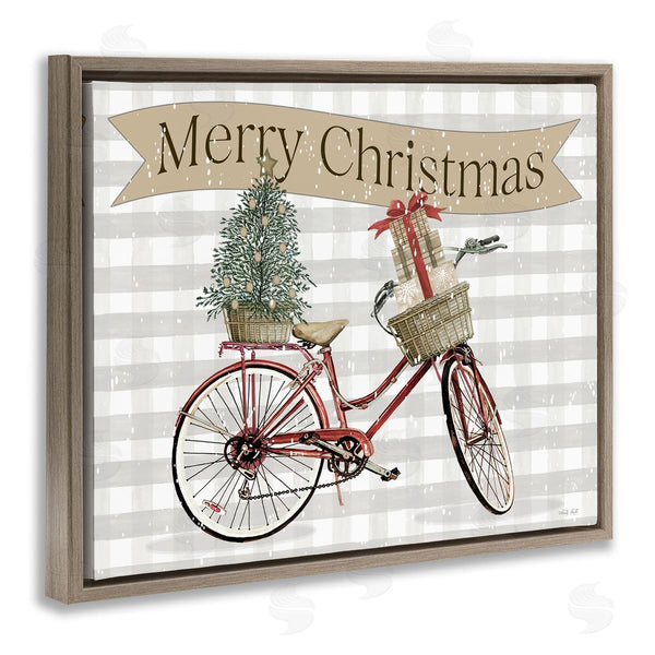 Stupell Industries Cindy Jacobs | Christmas Banner Beige Gingham Bicycle Gift Basket Wall Art