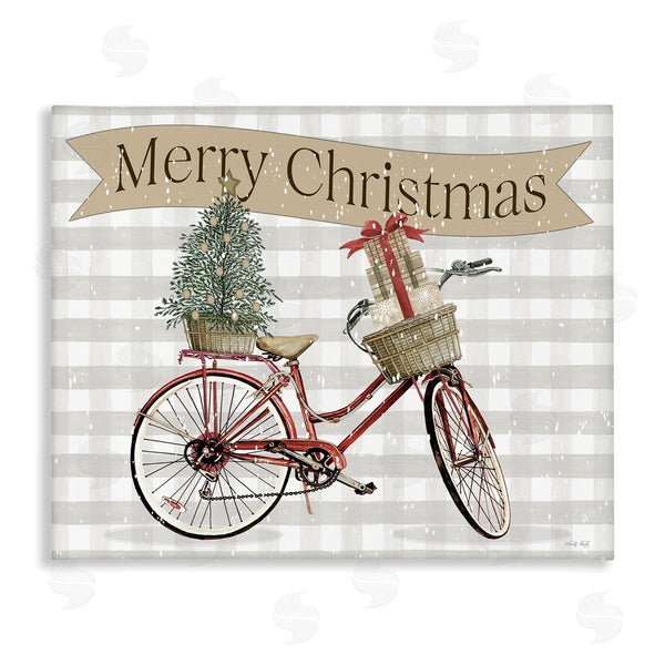 stupell industries Cindy Jacobs | Christmas Banner Beige Gingham Bicycle Gift Basket Wall Art