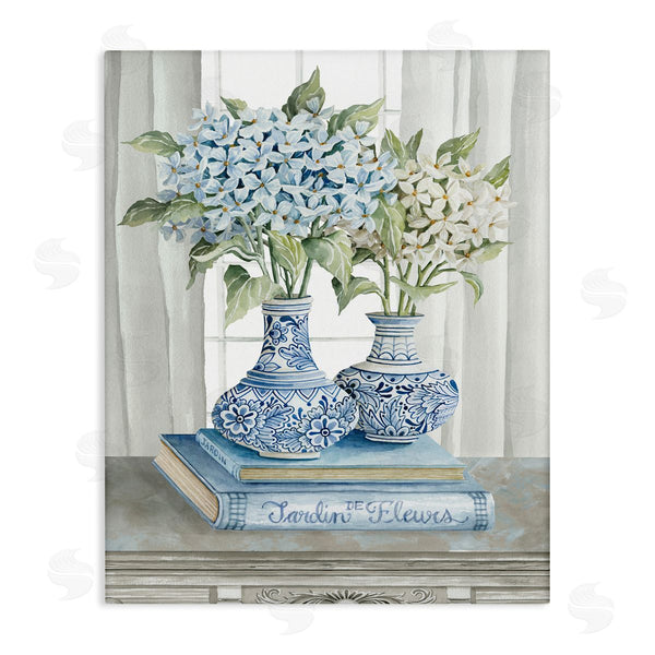 stupell industries Cindy Jacobs | Traditional Dogwood Floral Bouquets Blue Books Stacked Wall Art