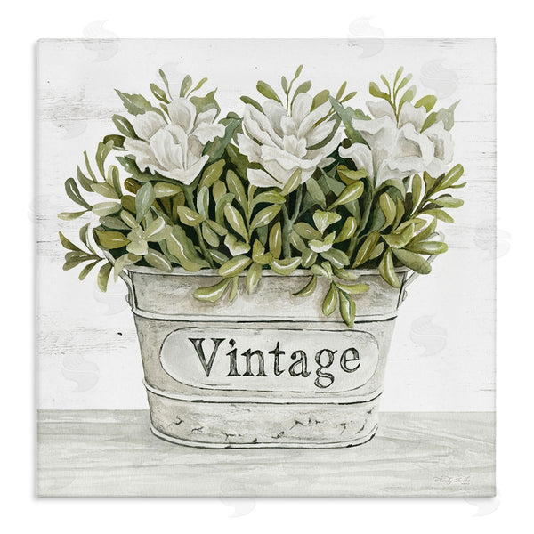 stupell industries Cindy Jacobs | Vintage Flower Planter Rustic Blooms Full Leaves Wall Art