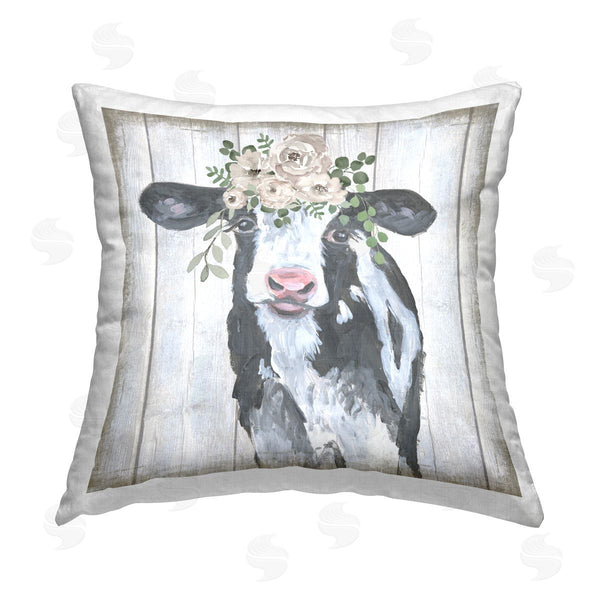 stupell industries Corinne Haig | Rustic Cow with Flowers Printed Throw Pillow