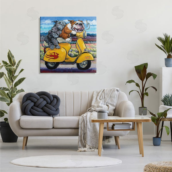 Stupell Industries CR Townsend | Scooter Dogs Yellow Moped Southwestern Landscape Mountain Bulldogs Wall Art