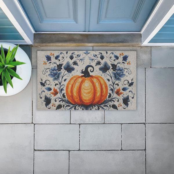 Stupell Industries Creative Studio | Pumpkin With Blue Floral Background Faux Sisal Door Mat