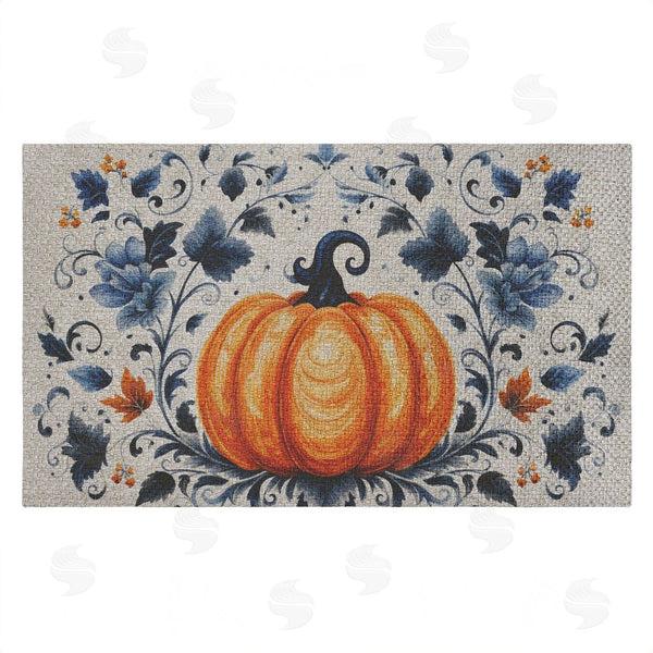 stupell industries Creative Studio | Pumpkin With Blue Floral Background Faux Sisal Door Mat