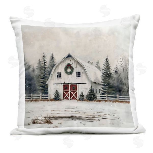 Stupell Industries Creative Studio | White Christmas Barn With Wreath Printed Throw Pillow