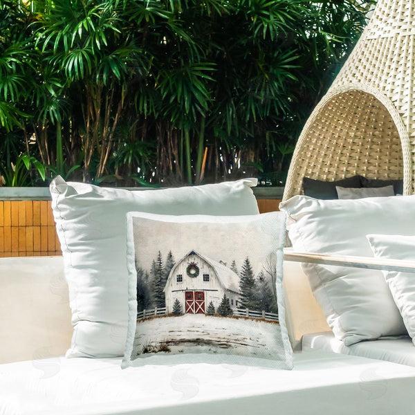Stupell Industries Creative Studio | White Christmas Barn With Wreath Printed Throw Pillow