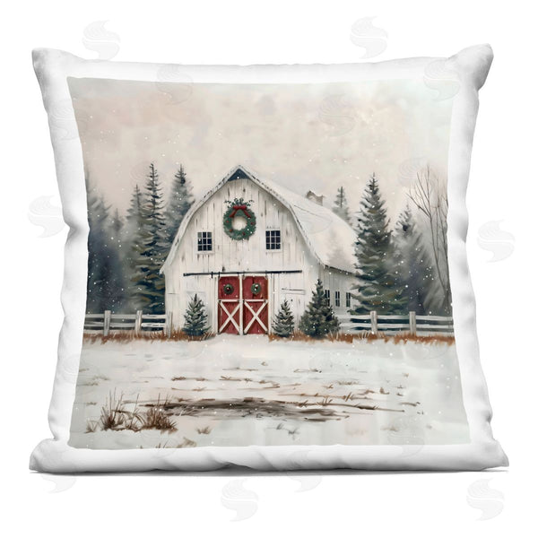 stupell industries Creative Studio | White Christmas Barn with Wreath Printed Throw Pillow