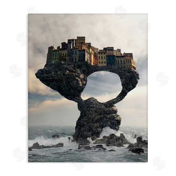 stupell industries Cynthia Decker | Surreal City Atop Rocks Cliff Sea Waves Splashing Wall Art