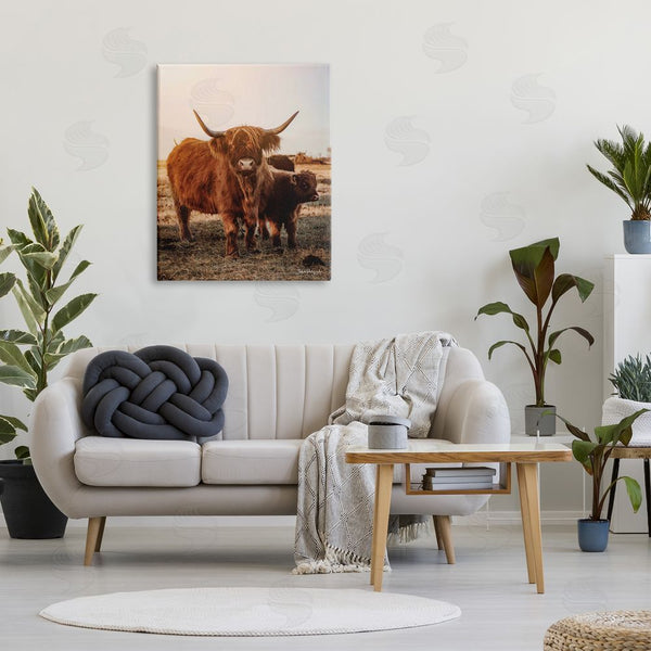 Stupell Industries Dakota Diener | Longhorn Highland Cattle Cow Warm Sunrise Morning Wall Art