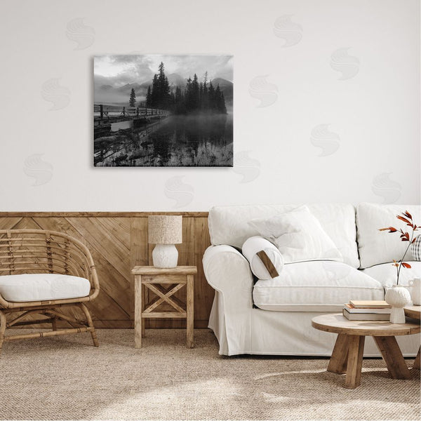 Stupell Industries Daniel Sproul | Black & White Cloudy Scenery Lake Bridge Foggy Mountains Wall Art