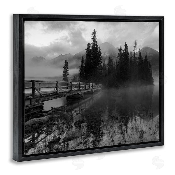 Stupell Industries Daniel Sproul | Black & White Cloudy Scenery Lake Bridge Foggy Mountains Wall Art