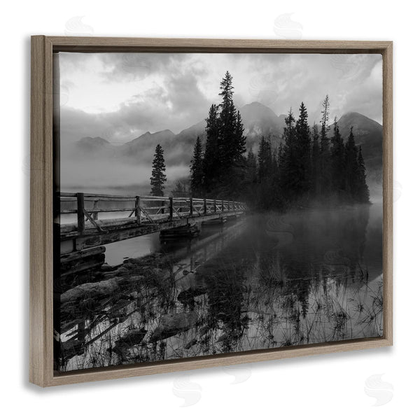 Stupell Industries Daniel Sproul | Black & White Cloudy Scenery Lake Bridge Foggy Mountains Wall Art