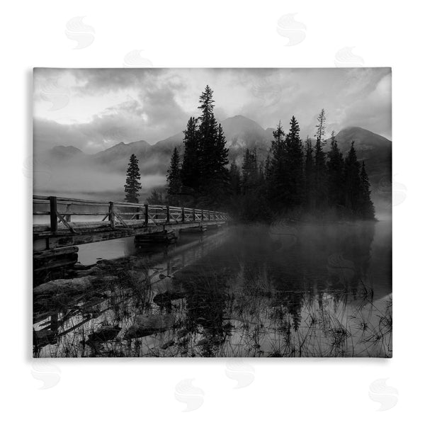 stupell industries Daniel Sproul | Black & White Cloudy Scenery Lake Bridge Foggy Mountains Wall Art