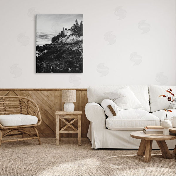 Stupell Industries Daniel Sproul | Monochrome Rocky Shoreline Beach Clouds Lighthouse Photography Wall Art