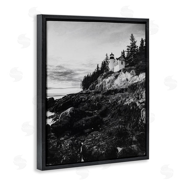 Stupell Industries Daniel Sproul | Monochrome Rocky Shoreline Beach Clouds Lighthouse Photography Wall Art