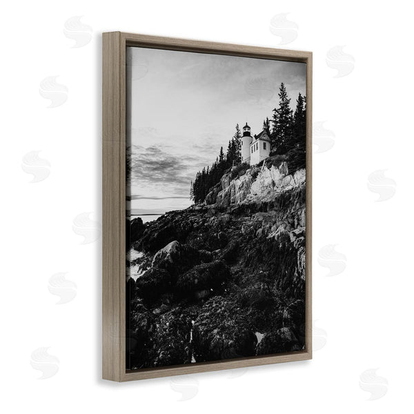 Stupell Industries Daniel Sproul | Monochrome Rocky Shoreline Beach Clouds Lighthouse Photography Wall Art