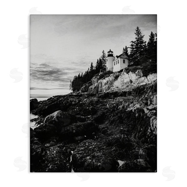 stupell industries Daniel Sproul | Monochrome Rocky Shoreline Beach Clouds Lighthouse Photography Wall Art