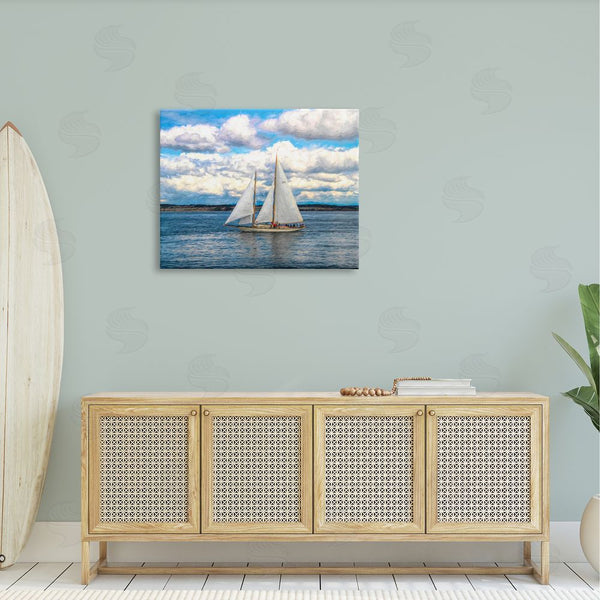 Stupell Industries Daniel Sproul | Quaint Sailboat Floating Ocean Fluffy White Clouds Wall Art