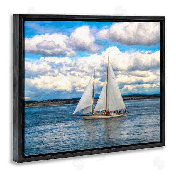 Stupell Industries Daniel Sproul | Quaint Sailboat Floating Ocean Fluffy White Clouds Wall Art