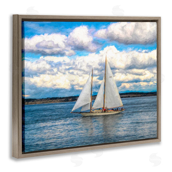 Stupell Industries Daniel Sproul | Quaint Sailboat Floating Ocean Fluffy White Clouds Wall Art