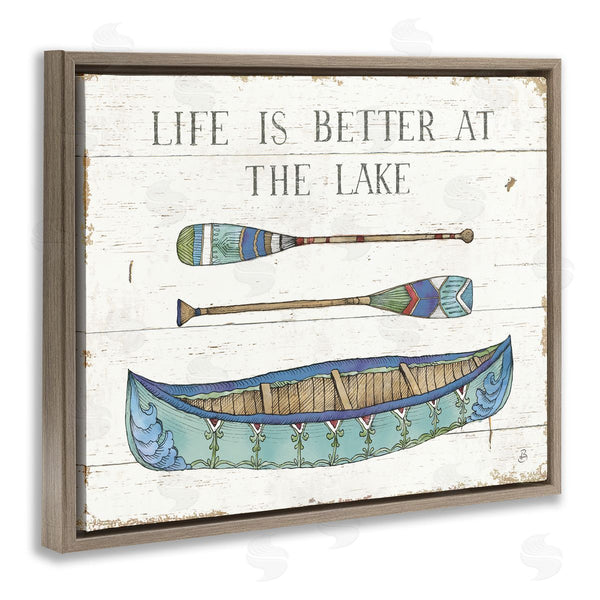 Stupell Industries Daphne Brissonnet | Life Better At Lake Rustic Canoe Ores Grain Pattern Wall Art