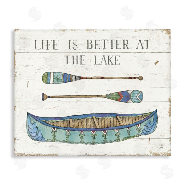 stupell industries Daphne Brissonnet | Life Better At Lake Rustic Canoe Ores Grain Pattern Wall Art