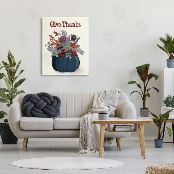 Stupell Industries Darlene Seale | Give Thanks Blue Autumn Harvest Pumpkin Tropical Florals Wall Art