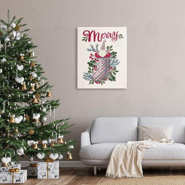 Stupell Industries Darlene Seale | Merry Sentiment Christmas Gnome In Plaid Holly Stocking Wall Art