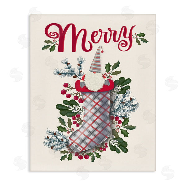 stupell industries Darlene Seale | Merry Sentiment Christmas Gnome in Plaid Holly Stocking Wall Art