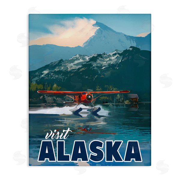 stupell industries David Owens Illustration | Visit Alaska Seaplane Landing Snowy Mountain Scenery Wall Art