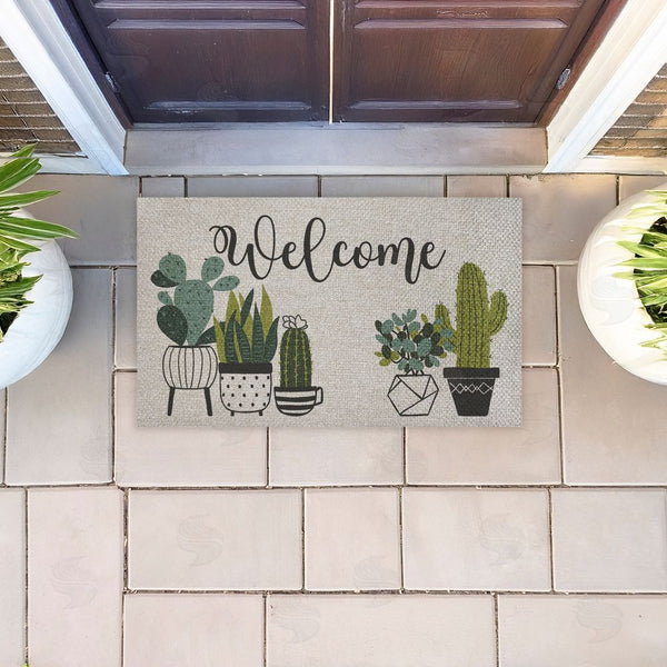 Stupell Industries Deane Beesley | Cursive Welcome Potted Cacti Faux Sisal Door Mat