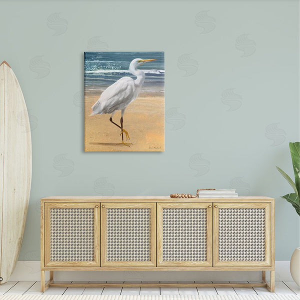 Stupell Industries Diane Neukirch | White Heron Bird Standing Beach Shoreline Waves Wall Art