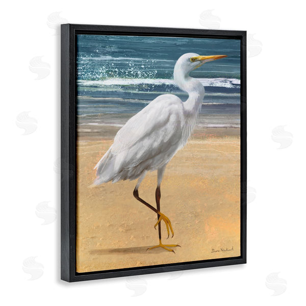 Stupell Industries Diane Neukirch | White Heron Bird Standing Beach Shoreline Waves Wall Art