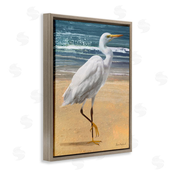 Stupell Industries Diane Neukirch | White Heron Bird Standing Beach Shoreline Waves Wall Art