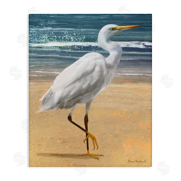 stupell industries Diane Neukirch | White Heron Bird Standing Beach Shoreline Waves Wall Art