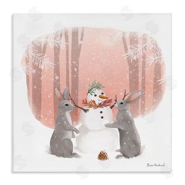 stupell industries Diane Neukirch | Winter Rabbits Building Snowman Snowy Forest Scene Wall Art