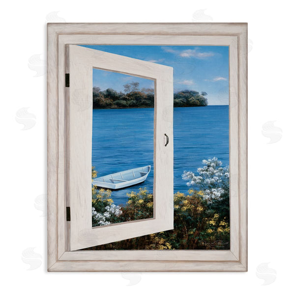 stupell industries Diane Romanello | Lakefront Window Charming Floral Island Boat Wall Art