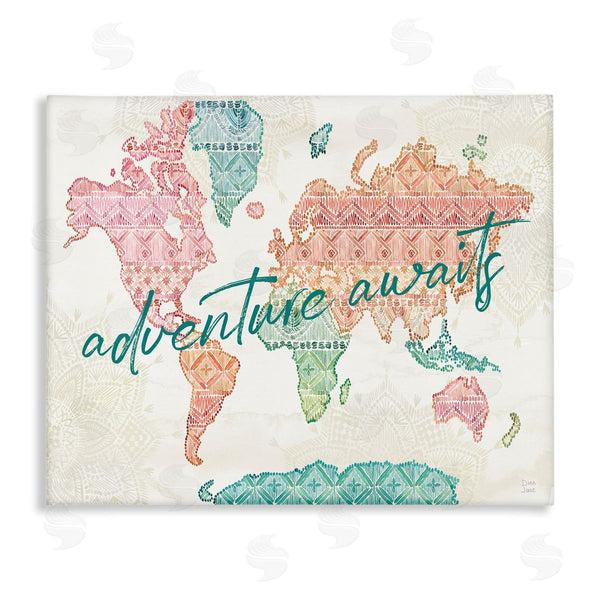 stupell industries Dina June | Adventure Awaits Phrase Macrame Pattern World Map